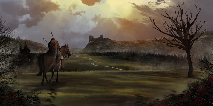 Knight on horseback approaching a castle in a misty landscape