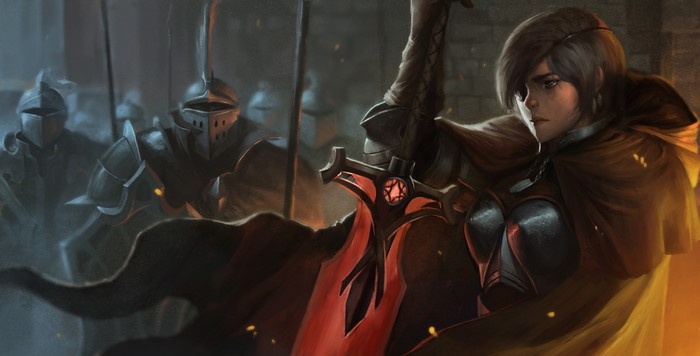 Knight with glowing sword and armored soldiers