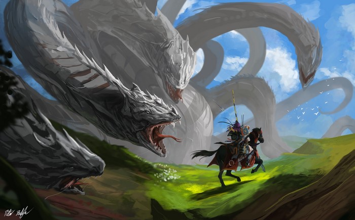 Knight on Horseback Battles Multi-headed Dragon