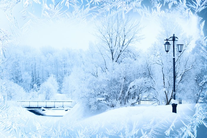 Winter park with bridge and street light