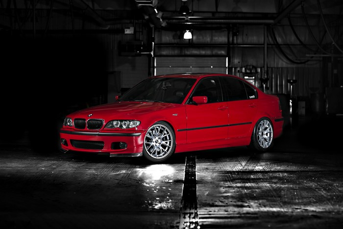 Red BMW E46 330i in a Garage