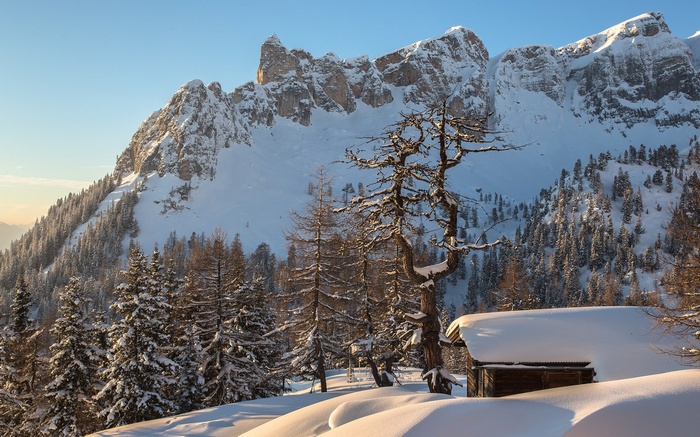 Snowy mountain landscape with a small cabin and trees
