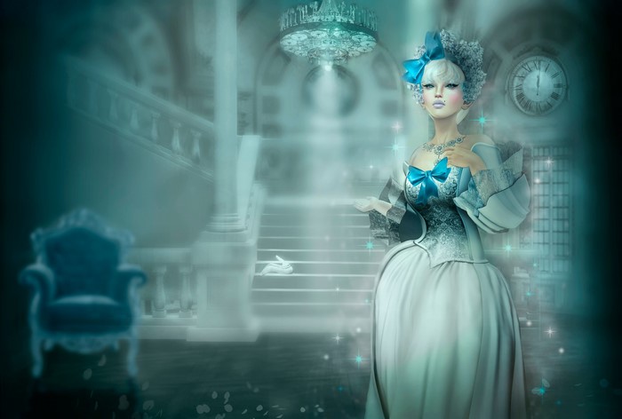Woman in a blue and white dress in a grand hall