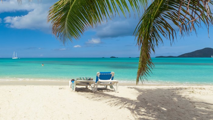 Beach with two sunloungers and palm fronds