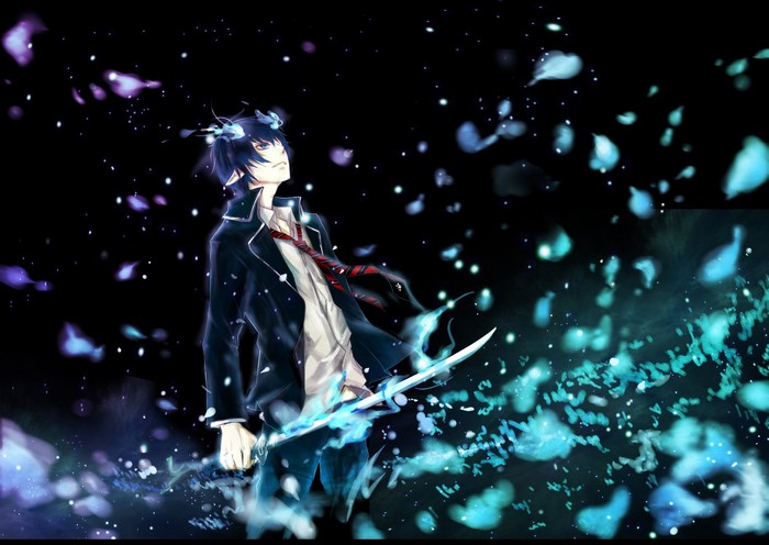 Rin Okumura from Ao no Exorcist with a flaming sword
