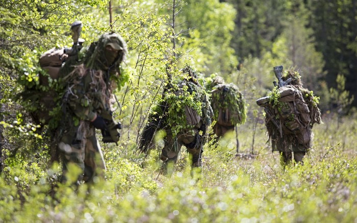 Soldiers in camouflage moving through a forest