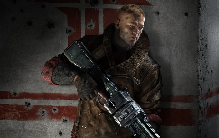 B.J. Blazkowicz from Wolfenstein holding a weapon
