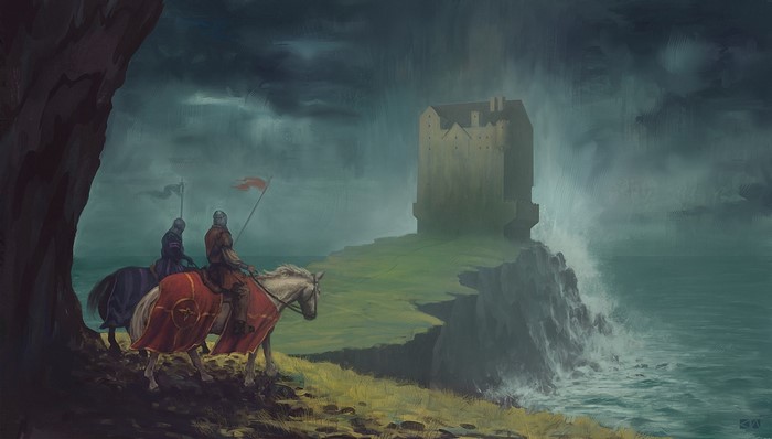 Knights on horseback approaching a castle on a cliff