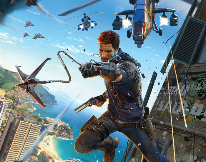 Rico Rodriguez from Just Cause 3 in action
