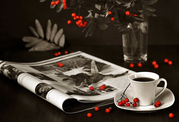 Coffee cup and saucer with berries and magazine