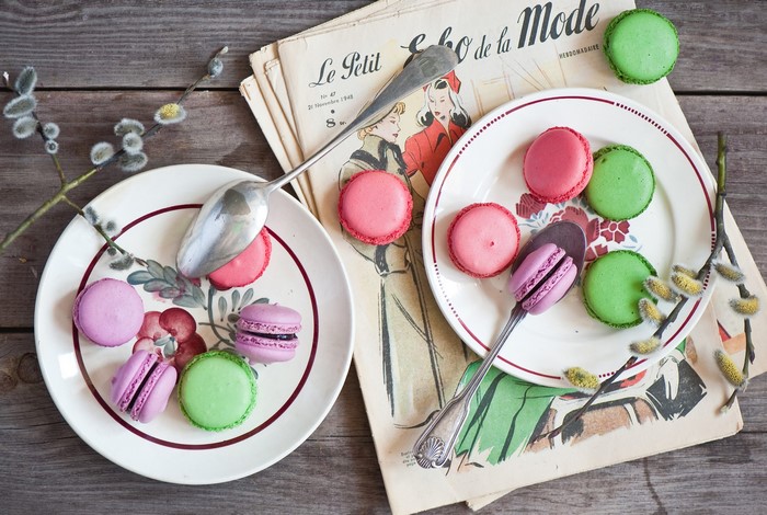 Macarons on plates with vintage magazine and pussy willow branches