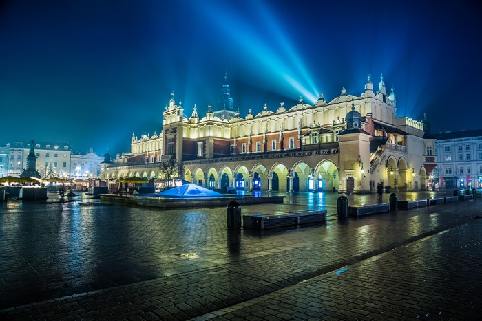 Krakow Cloth Hall at night, Poland