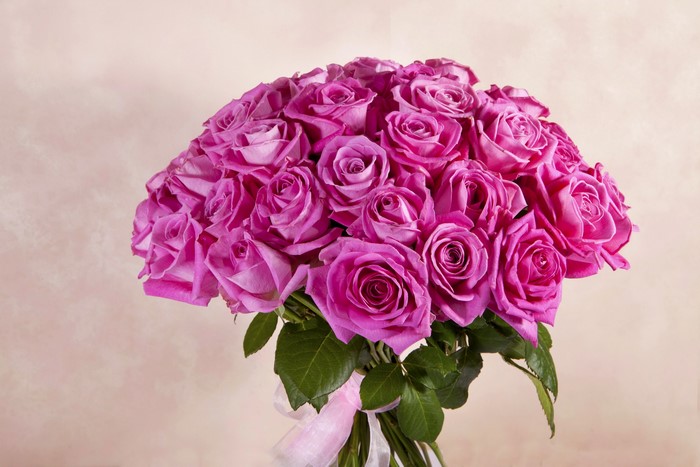 Bouquet of pink roses with a ribbon