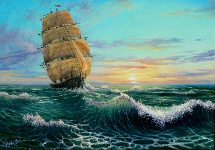 Andrew Lyakh's Painting of a Sailing Ship on Waves