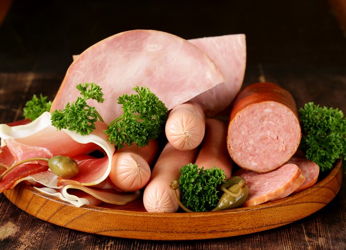 Meat products platter with ham and sausages
