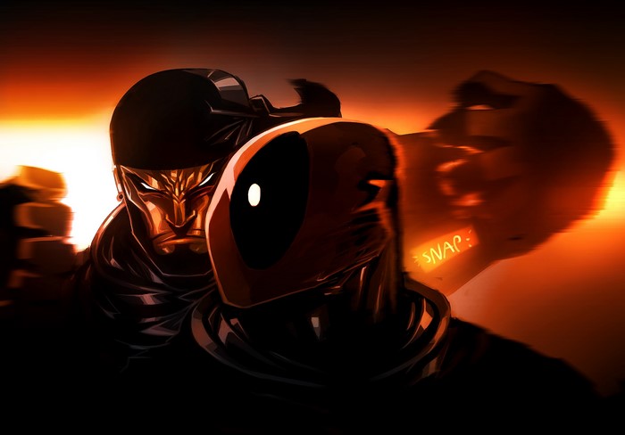 Deadpool and antagonist in front of orange background