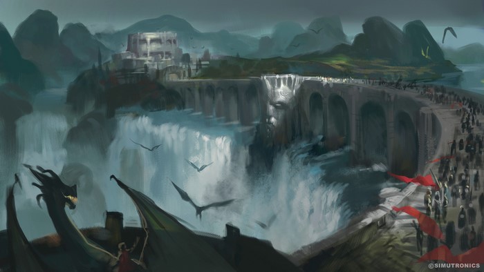 Dragons flying over a bridge with a castle and waterfalls