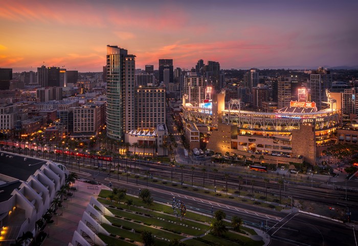 San Diego skyline and Petco Park at sunset