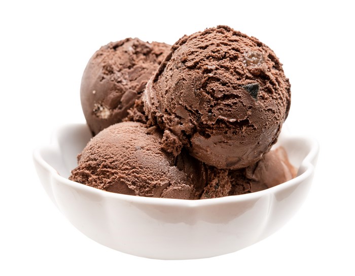Chocolate ice cream scoops in a white bowl