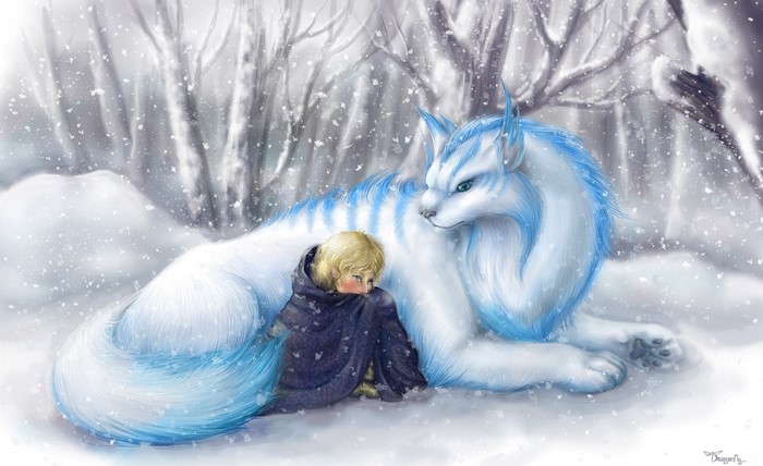 Girl and magical wolf in snowy forest