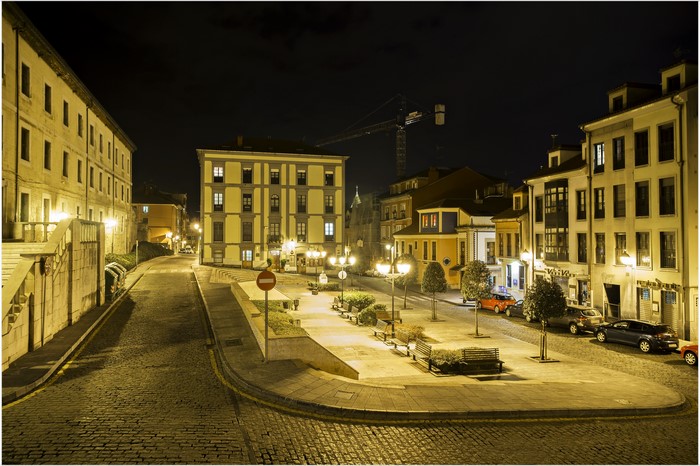 Night street in Spain with houses and street lights