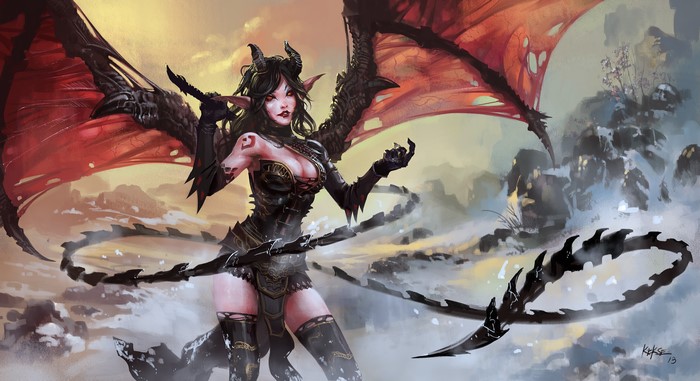 Demon with Wings and Tail in Snowy Landscape