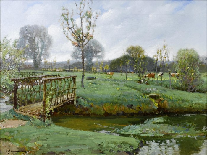 A Rustic Bridge Over a Stream with Cows in a Meadow