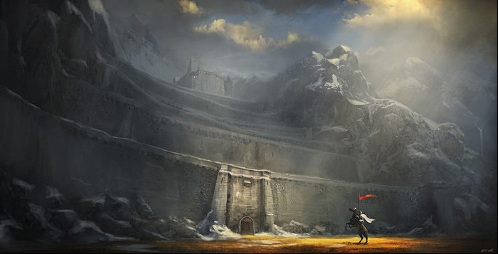 Knight on horseback before a mountain fortress