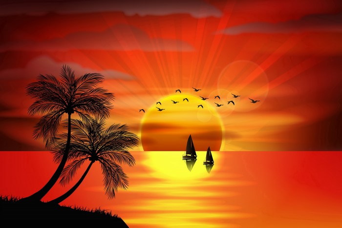 Sunset over the sea with palm trees and sailboats