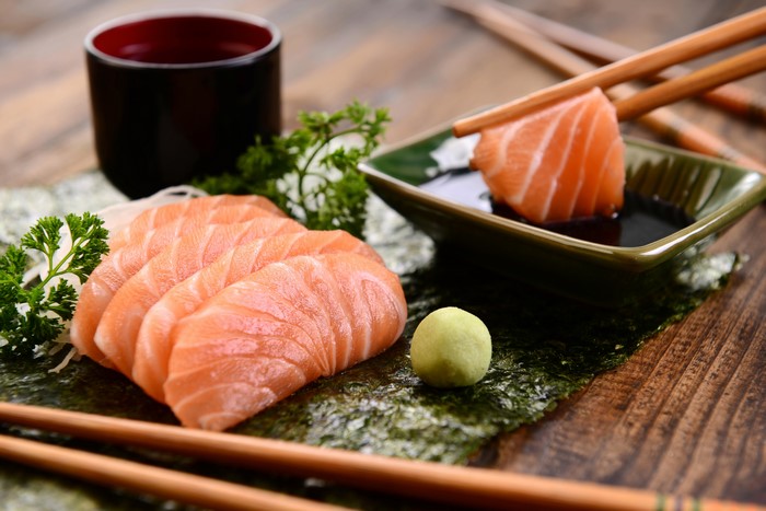 Salmon Sashimi with Wasabi and Soy Sauce