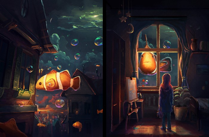 Clownfish and girl in a surreal underwater room