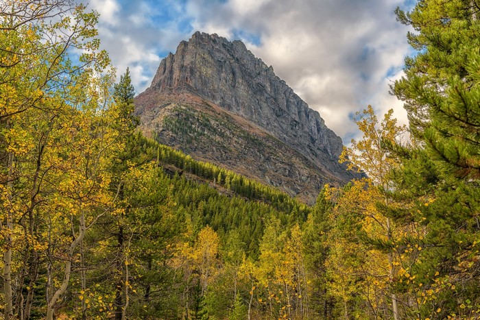 Mountain peak surrounded by autumn trees