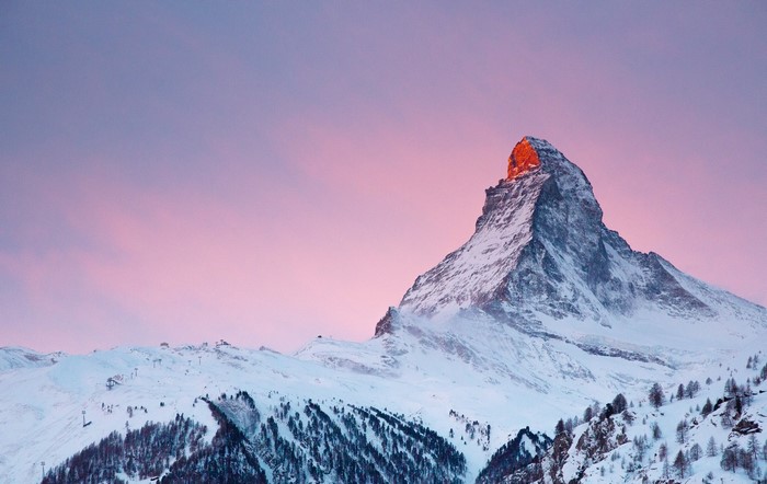 Matterhorn mountain at sunrise with pink sky
