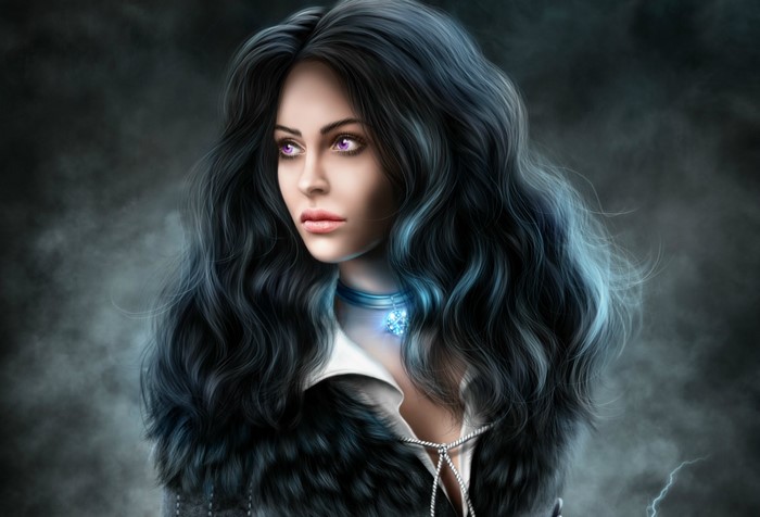 Painting of a woman with dark hair and purple eyes