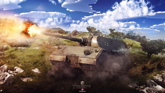 World of Tanks Maus firing in a field