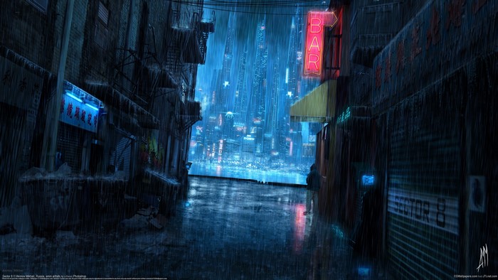 Akimov Mikhail's Cyberpunk City Street at Night in Rain