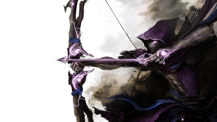 Hooded archer drawing a glowing purple bow