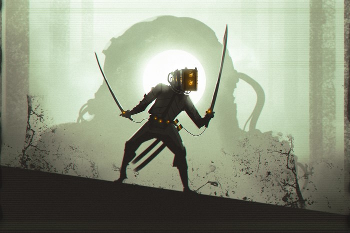Robot with two swords facing a giant creature