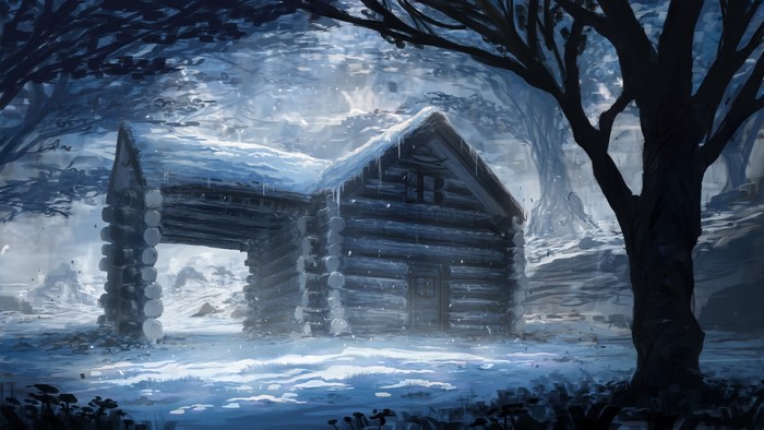 Snowy log cabin in a dark forest