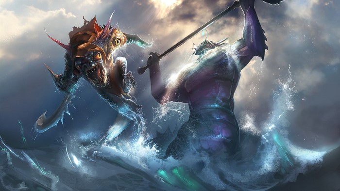 Slardar and Slark from DOTA 2 battling in water