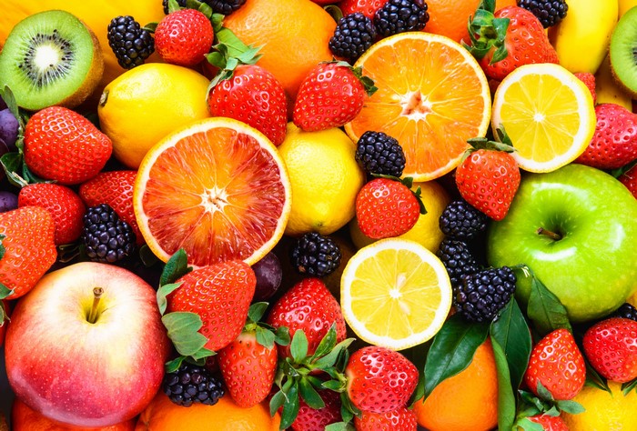Assortment of Fresh Fruits: Strawberries, Oranges, Lemons, Apples, Kiwi, Blackberries