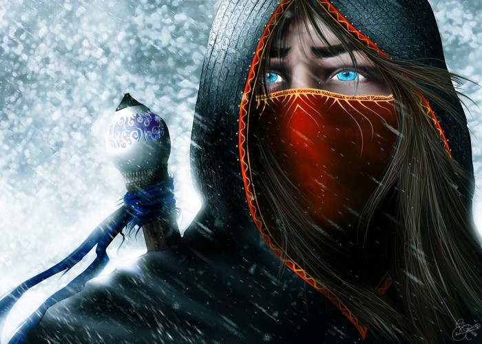 Person in hood with mask and staff in snow