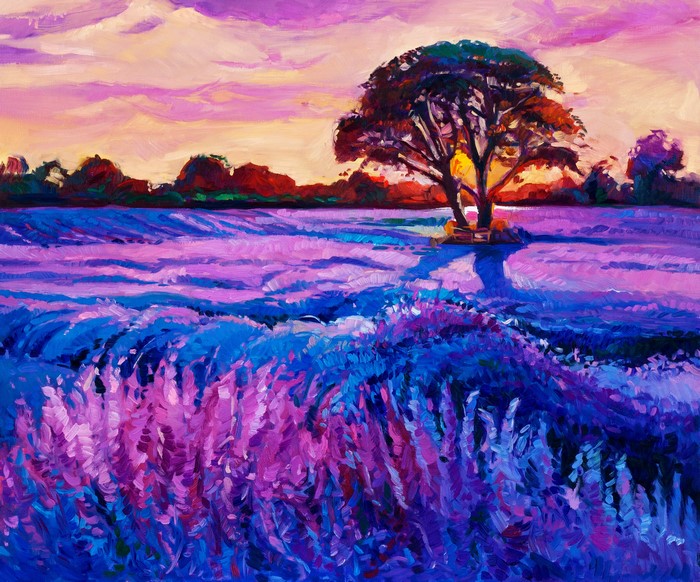 Oil painting of a tree in a lavender field at sunset