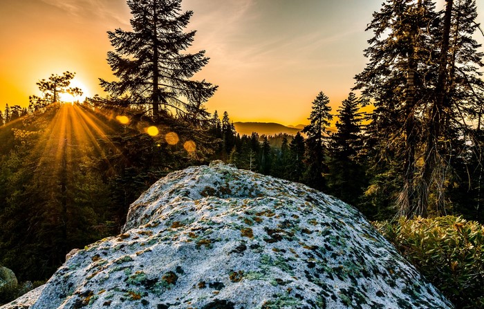 Sunset over a rocky forest landscape