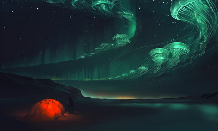 4K Aurora Borealis with Jellyfish and Tent