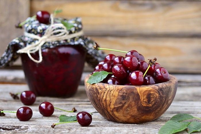 Cherries in a bowl and jar