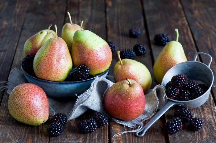 Pears and Blackberries on a Wooden Table