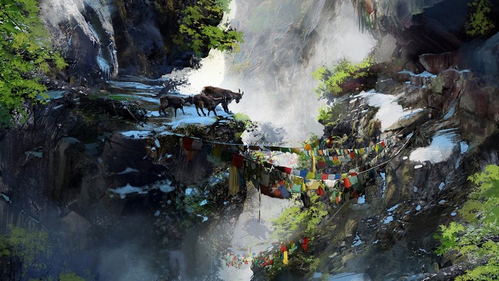 Goats on a cliff with prayer flags in Far Cry 4