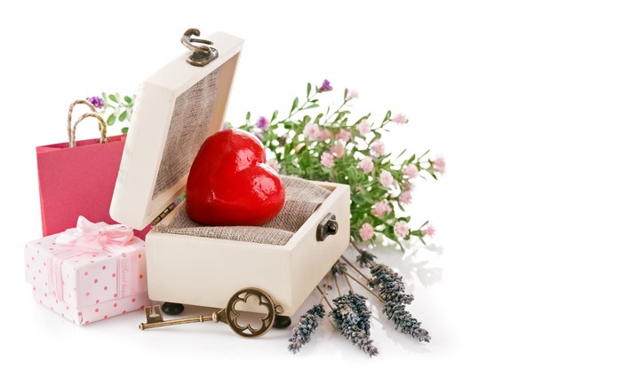 Heart in a box with gifts and flowers