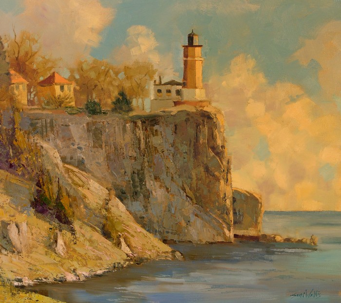 Painting of a lighthouse on a cliff by the sea